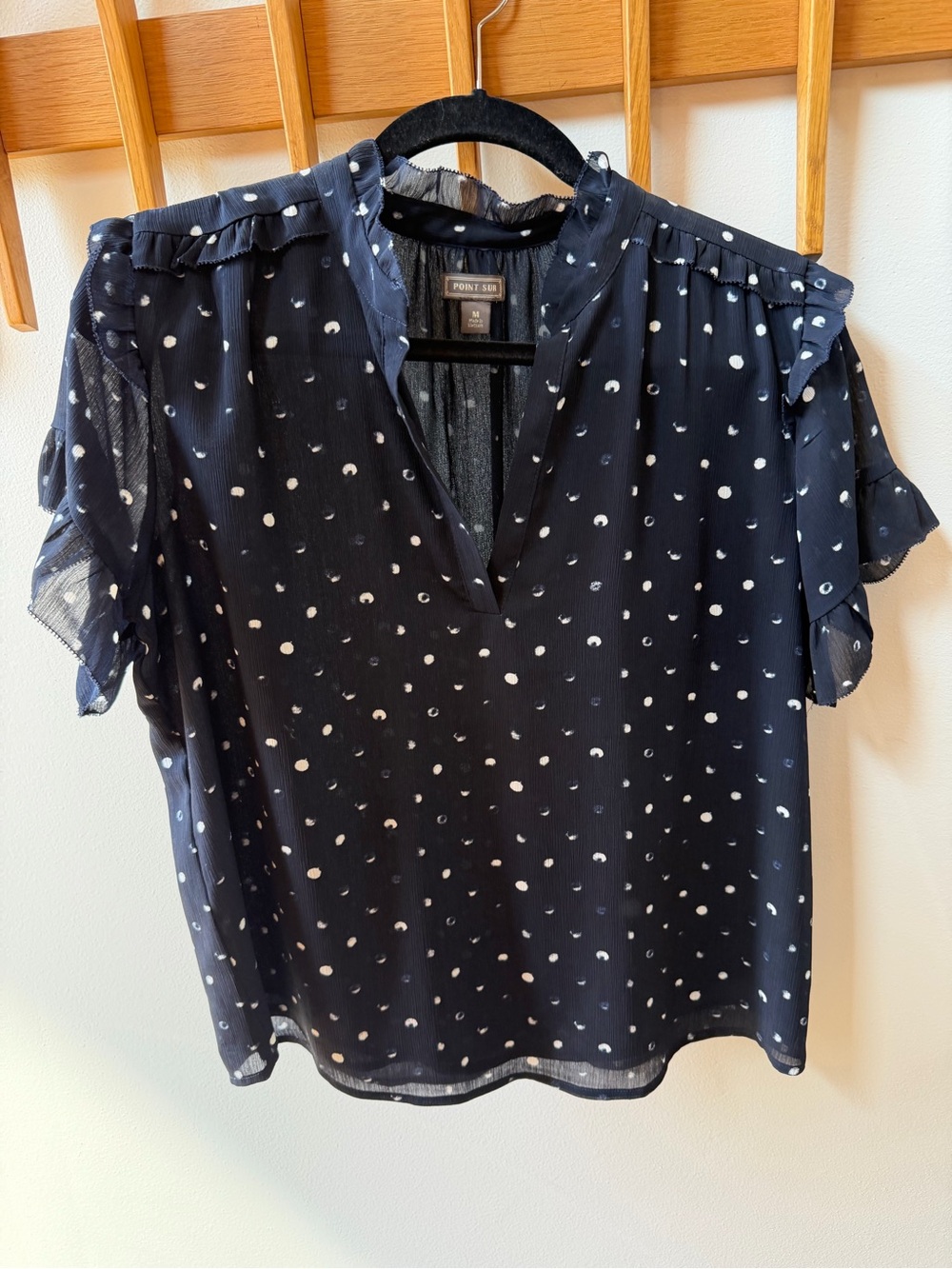 J. Crew Navy Polka Dot Ruffle Sleeve Top